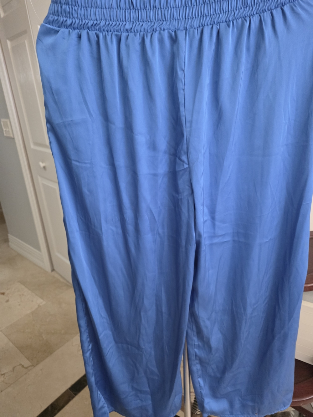 Satin Lightweight Elastic-Waist Pants - Blue